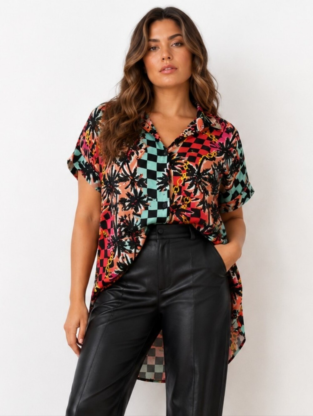 Love by Chesley Top L Tropical Checker Chain Print Oversized Rayon High Low NWT